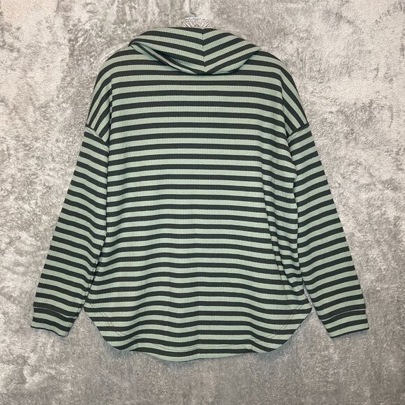 Lou Grey Women Green Striped Cowl Neck Slouchy Stretch Relaxed Waffle Knit Top S - Picture 2 of 9